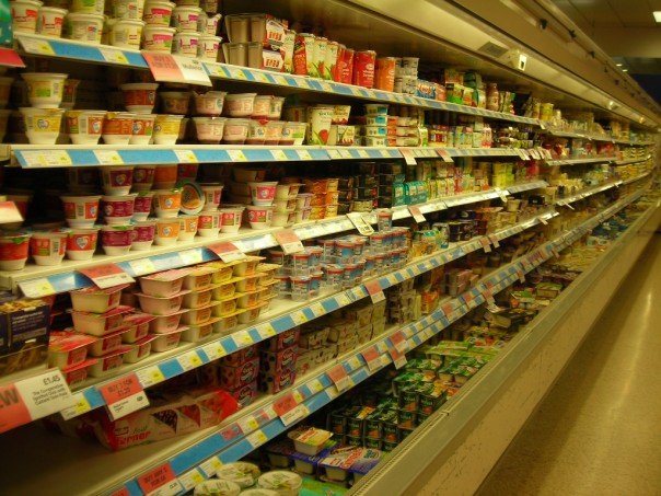 The dairy aisle in a British grocery store.