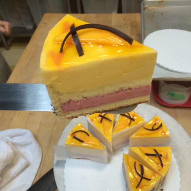 My first entremet cake, layers of sponge cake with raspberry and mango bavaroise (like a mousse).