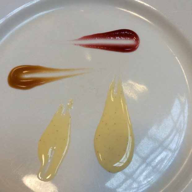 The "schmear" (sp?). How sauce is applied with sass on a plate. 