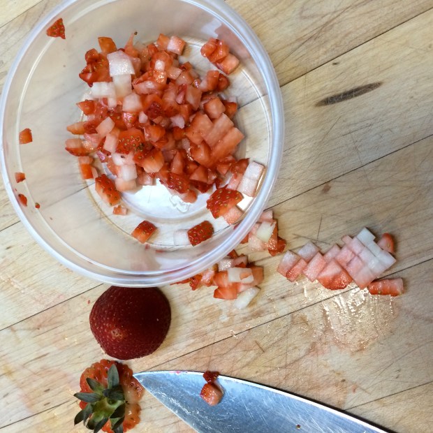 One garnish, fresh diced strawberry salad. Forever practicing knife skills. 