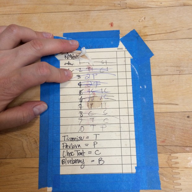 For dessert service we listed each order as it came in and created a code between my partner and I. It worked well, we could have been faster, but considering I am new, I was happy with how we did. 