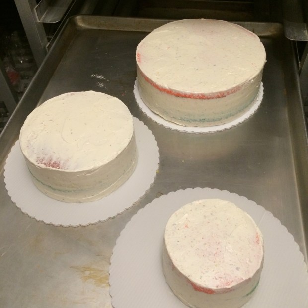 All three tiers preparing for fondant.