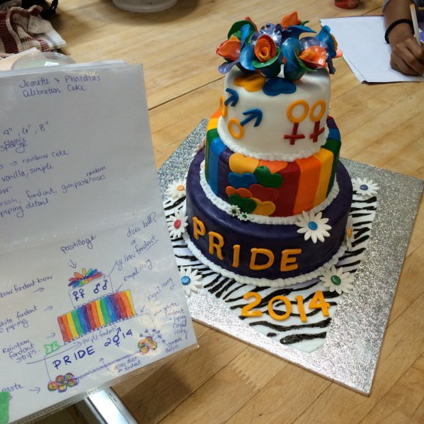 My sketch of the original concept and the final product. Pretty close! We changed our minds a bit as the cake developed.